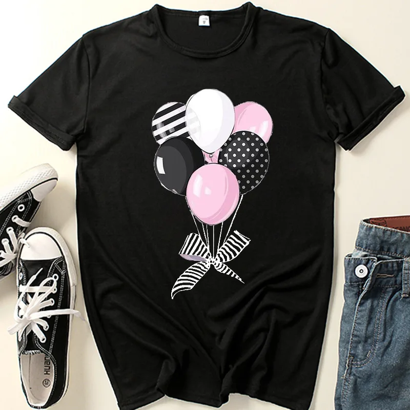 Female Cute Balloon Print T-shirt Female Hair Casual Round Neck Short Sleeve Oversized T Shirt  Tops Graphic  Aesthetic Clothes