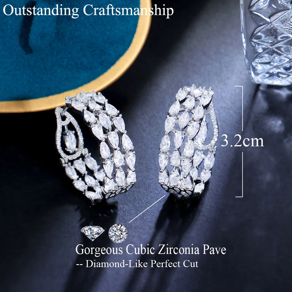 Pera Shining White Cubic Zirconia 3 Layers Geometric Circle Hoop Earrings for Women Fashion Elegant Brand Party Jewelry E144