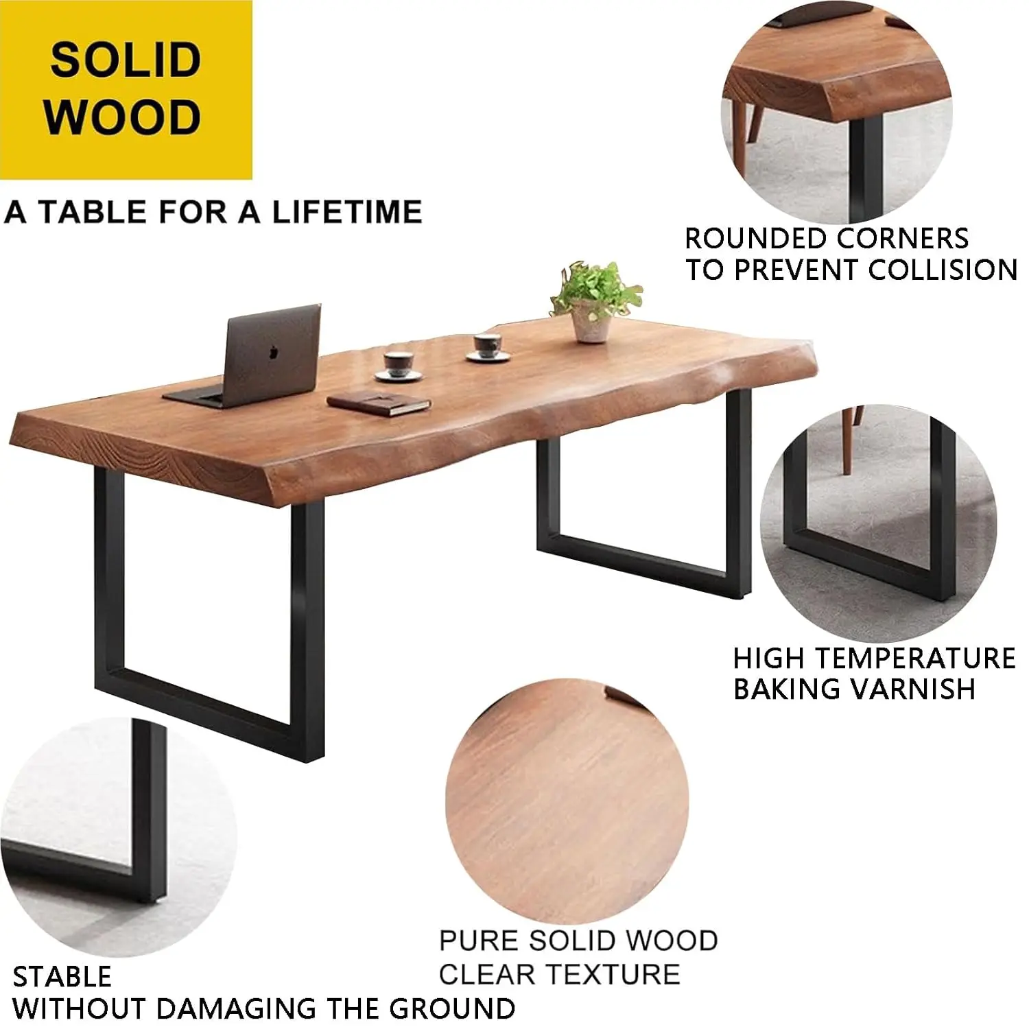 Stylish Solid Wood Office Desk with Sturdy Metal Base - Durable Multi-Size Executive Computer & Dining Table -, Customized