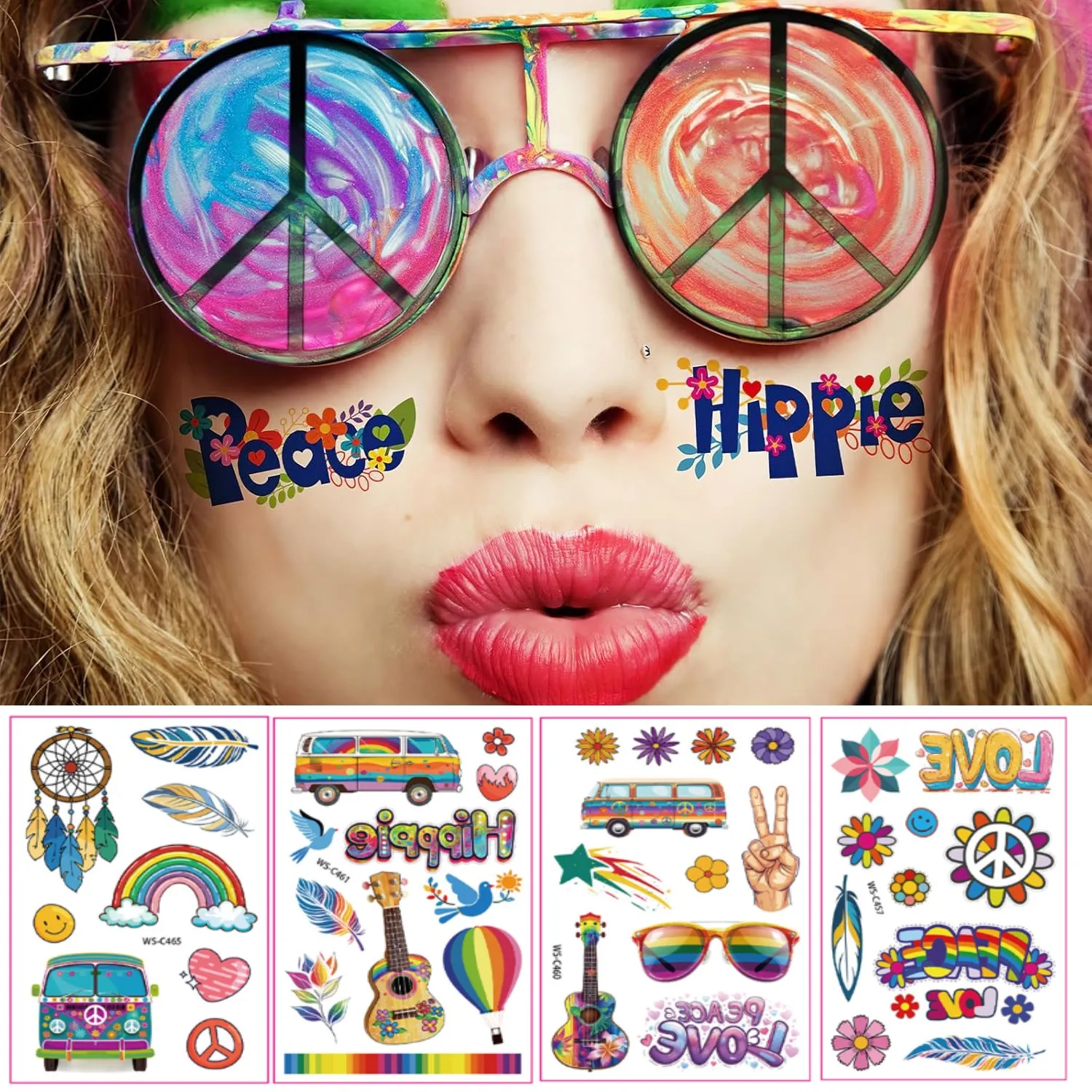 

100PCS Groovy 70s 80s Temporary Tattoos-12 Sheets Hippie Tattoo Stickers for Fan Birthday Party Decorations Hand Tattoo Party