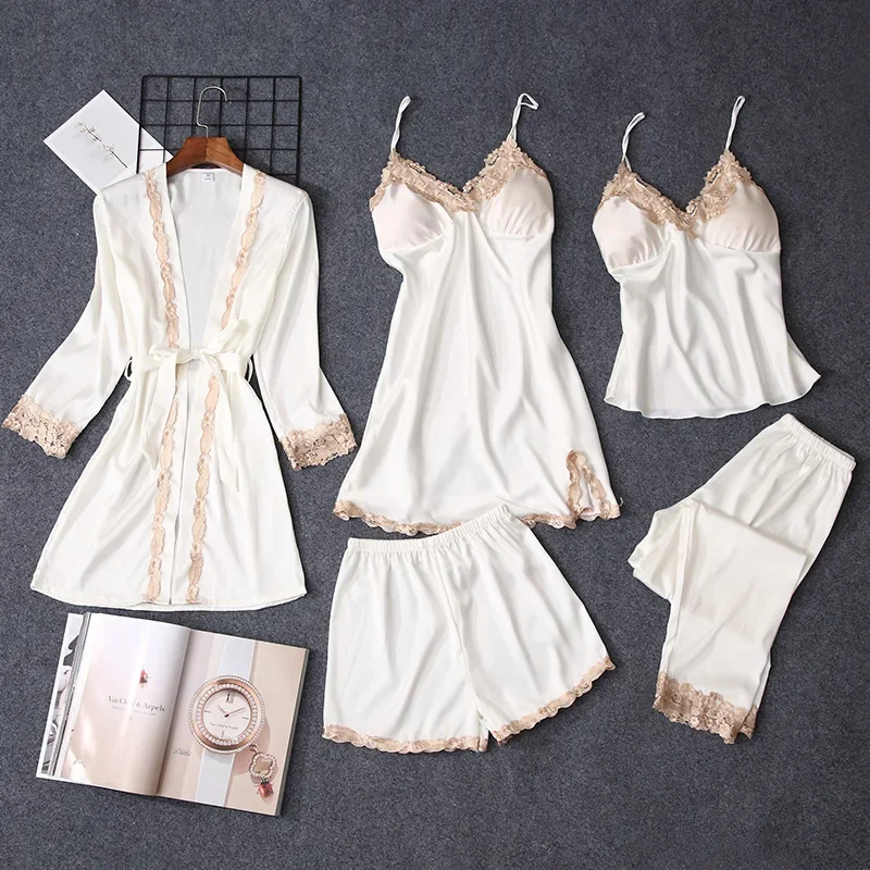 

2024 New Satin Chiffon Pajamas for Women in Autumn and Summer Sexy Simulation Five Piece Set Silk Belt Chest Cushion Suspender