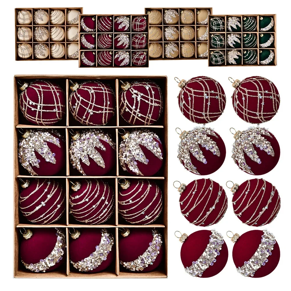 Breathtaking Holiday Additions Beautifully Crafted 6CM Flocking Velvet Diamond Sequin Christmas Ball Set of 12