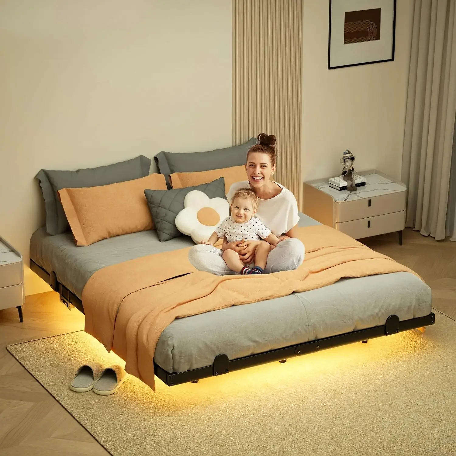 BestsellerFloating Bed Frame Full Size with Smart LED Lights and Charging Station - Modern LED Bed Frame with Lights, Easy Assem