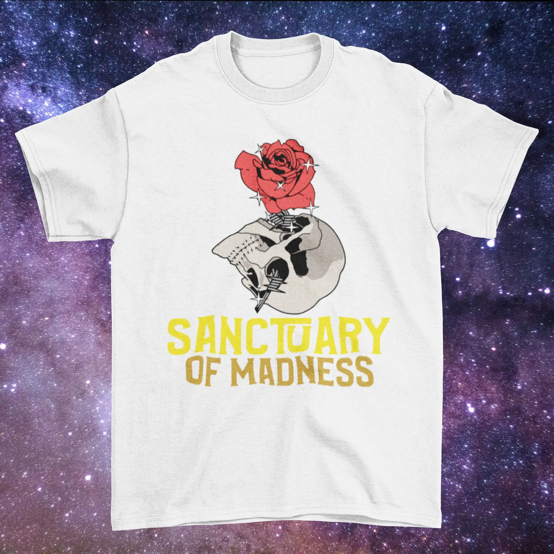 Sanctuary Of Madness T Shirt Skull And Rose Skeleton Red Vintage Retro Old School 100 Premium Cotton