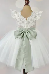 White Flower Girl Dress Lace Top With Green Bow Cute Knee Length Fit Wedding Party Birthday First Communion Gowns