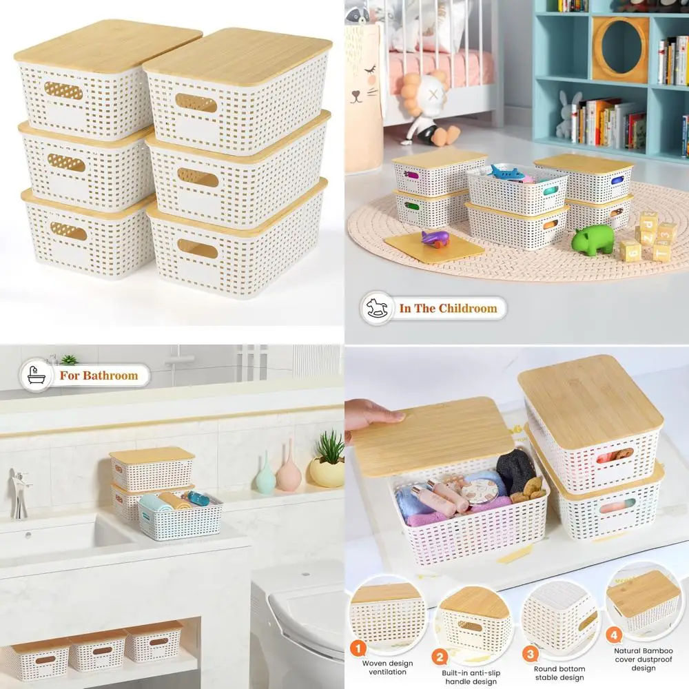 صناديق تخزين بلاستيكية قابلة للتكديس من الخيزران لتنظيم الأرفف