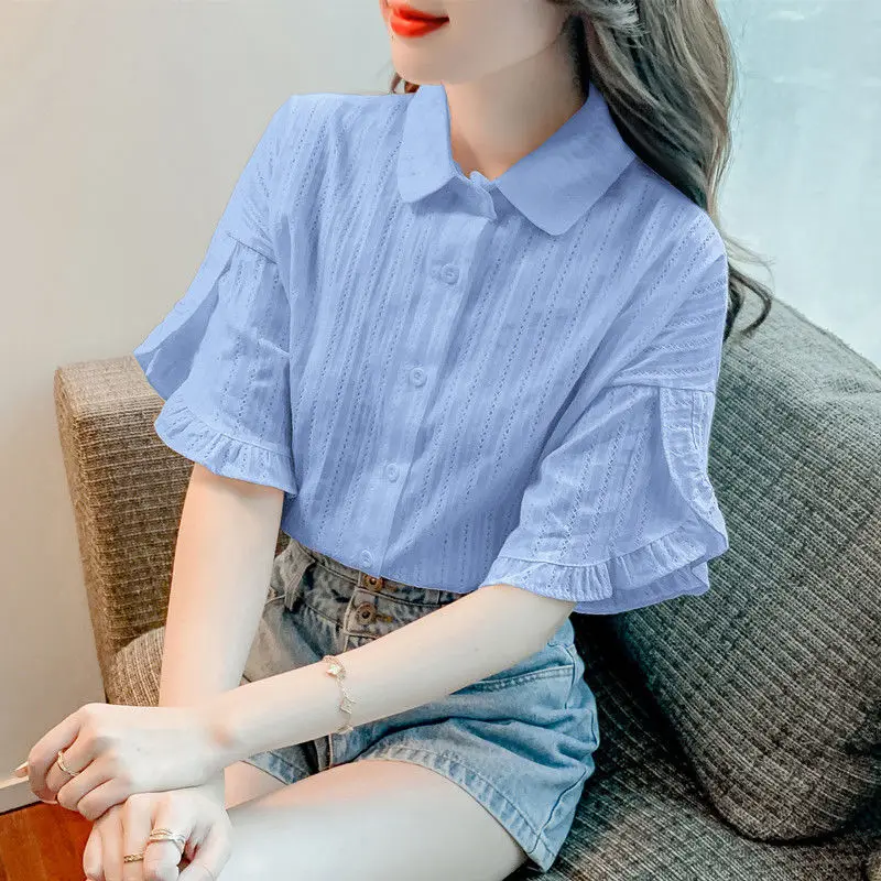 Women\'s 2024 Summer Turndown Collar Blouses Patchwork Button Screw Thread Solid Color All Match Slim Fit Short Sleeved Shirts