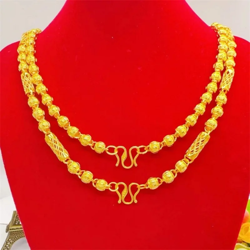 

9999 24K real gold round bead hexagonal square necklace frosted collarbone chain gold full match men's and women's gold jewelry