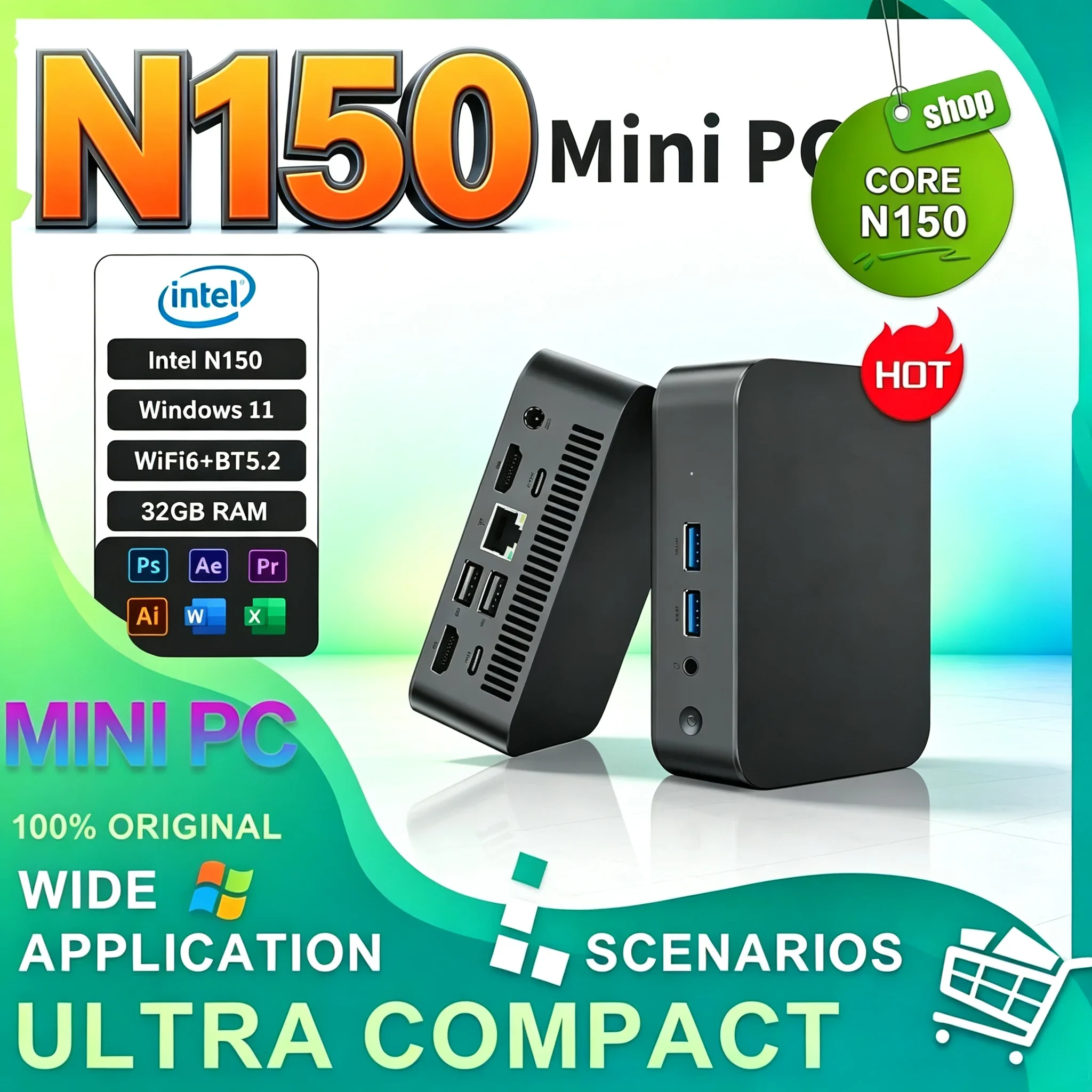 Intel N150 Portable Mini PC Windows 11 Ultra Small Desktop Pocket PC 16GB 32GB RAM 1TB 2TB SSD WIFI6 BT5.2 Office Gaming PC