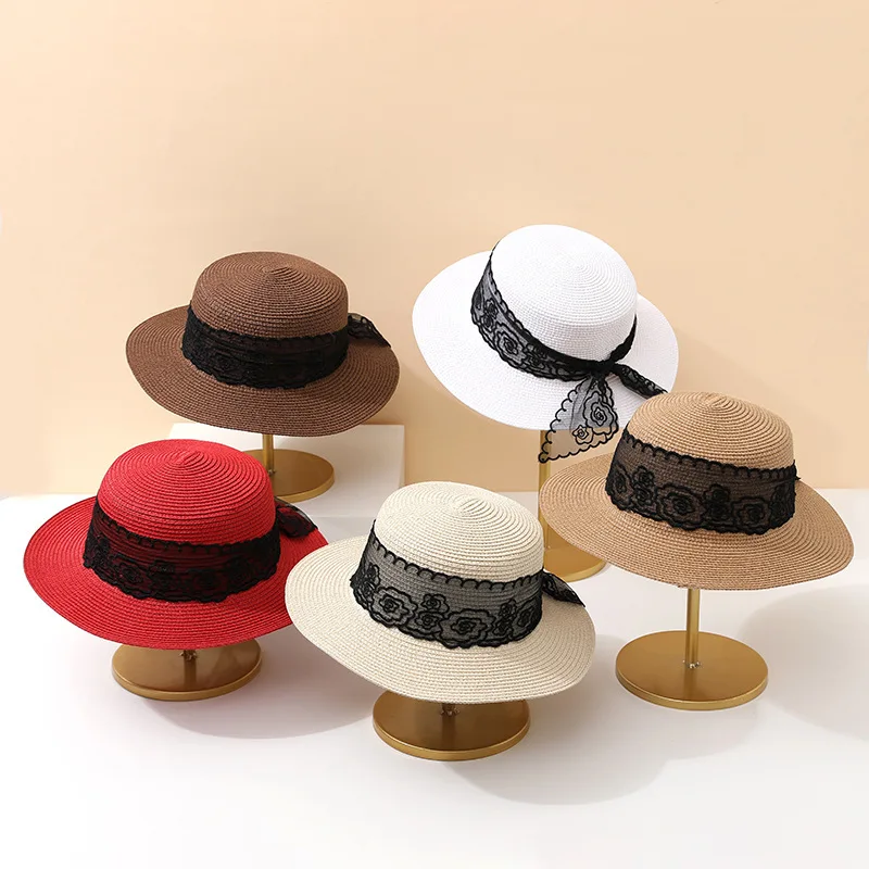 

New Arrival Flat Top Hat Women's Summer Vacation Seaside Panama Hat Flat Brim French Beach Hat Lace Sun Protection Straw Hat