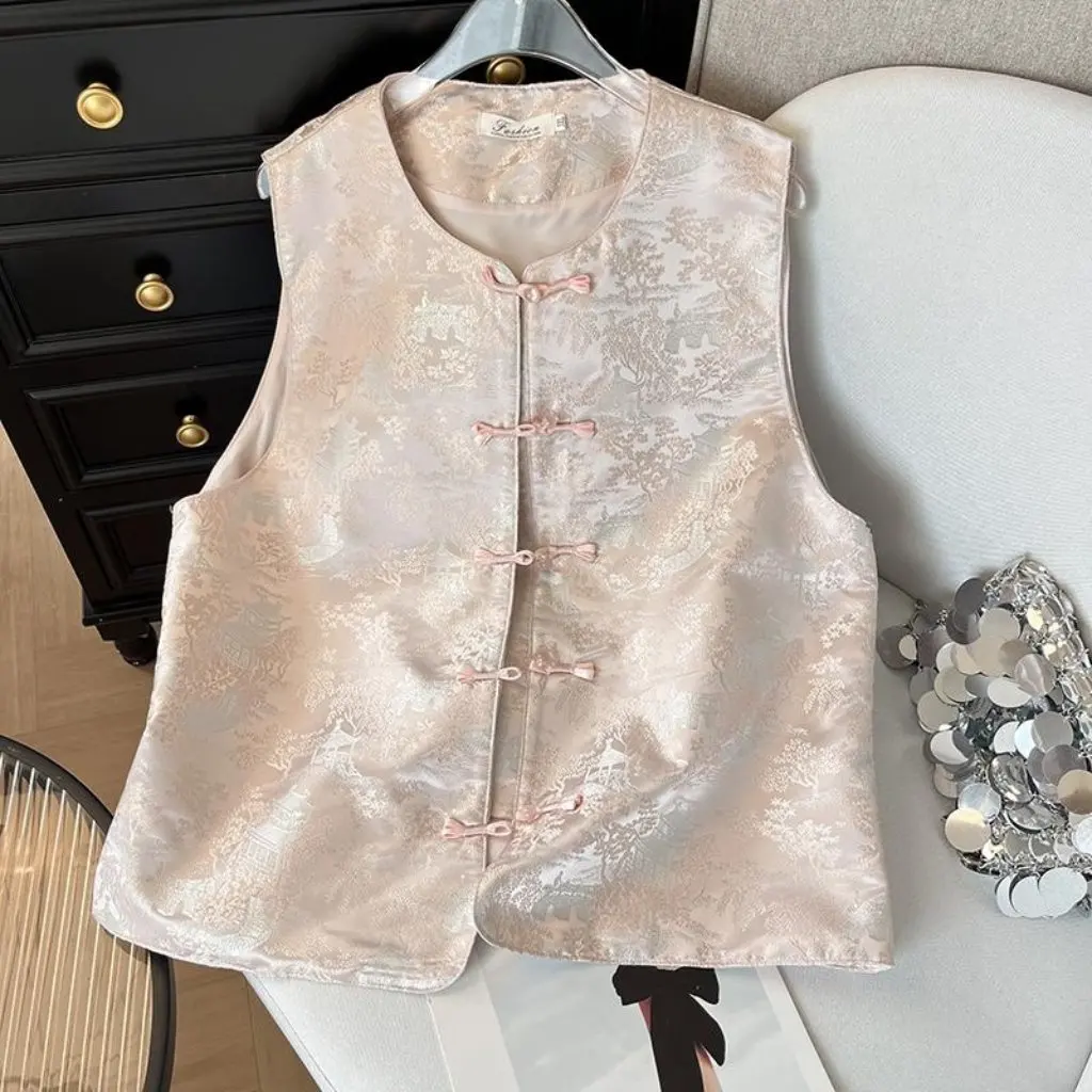 

Women's Sleeveless Vest Chinese Style National Buckle Jacquard High-End Fashion Loose Tang Suit Top for Spring