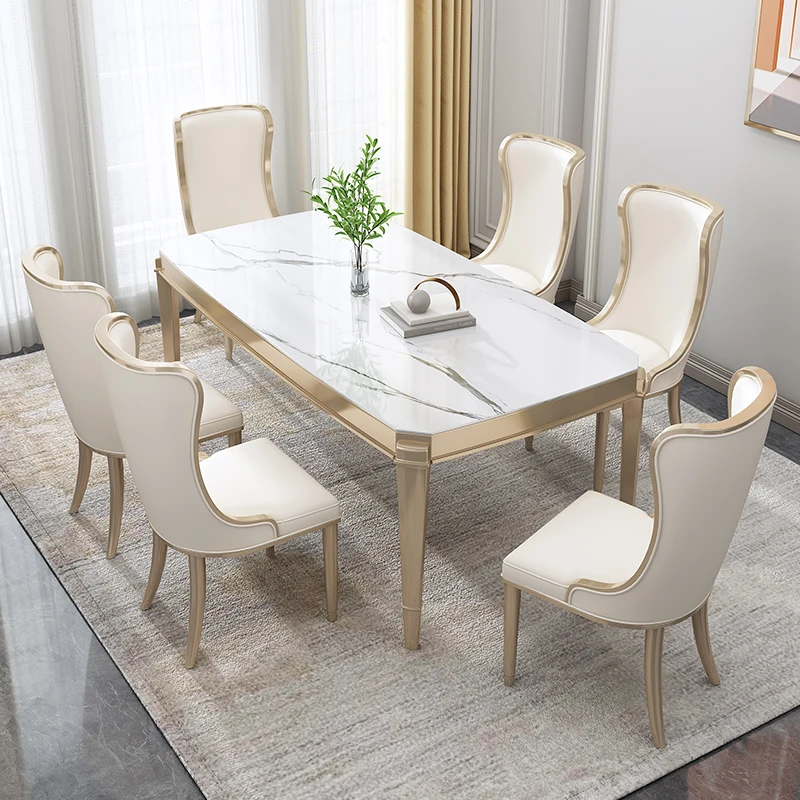 

French light luxury slate dining table and chairs combination American modern simple rectangular European solid wood dining