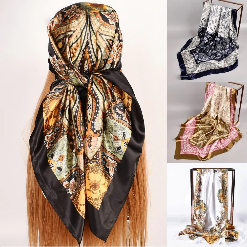 

90X90 CM Print Silk Scarves Women Girls Neckerchief Tie Bag Scarf Hijab Headscarves Ladies Shawl Satin Hair Bandana Headwraps