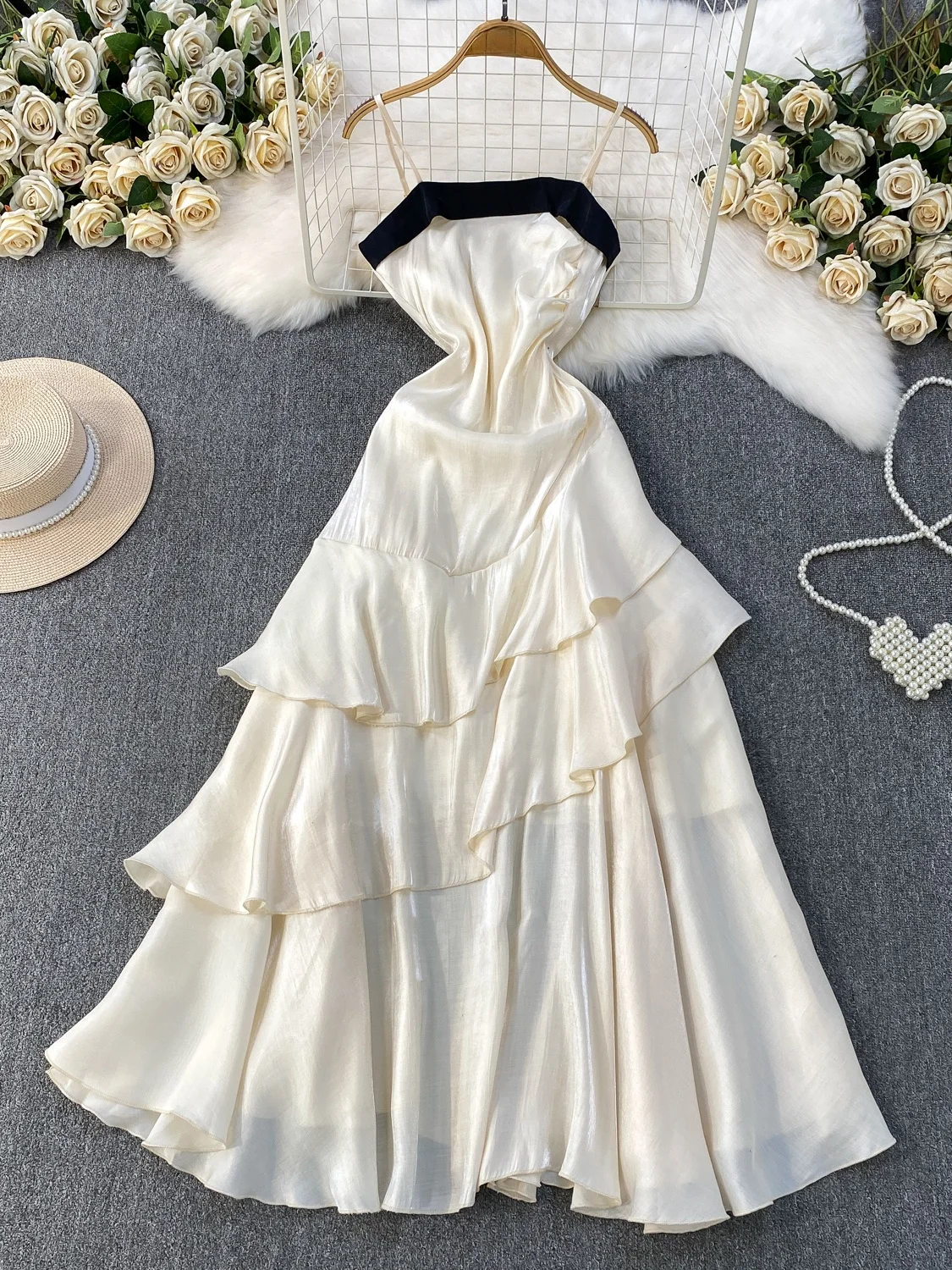 

Женское шифоновое платье Ele Color Blo с открытыми плечами, осенне-зимнее, с завышенной талией, А-силуэт, с кружевной отделкой, без рукавов, во французском стиле