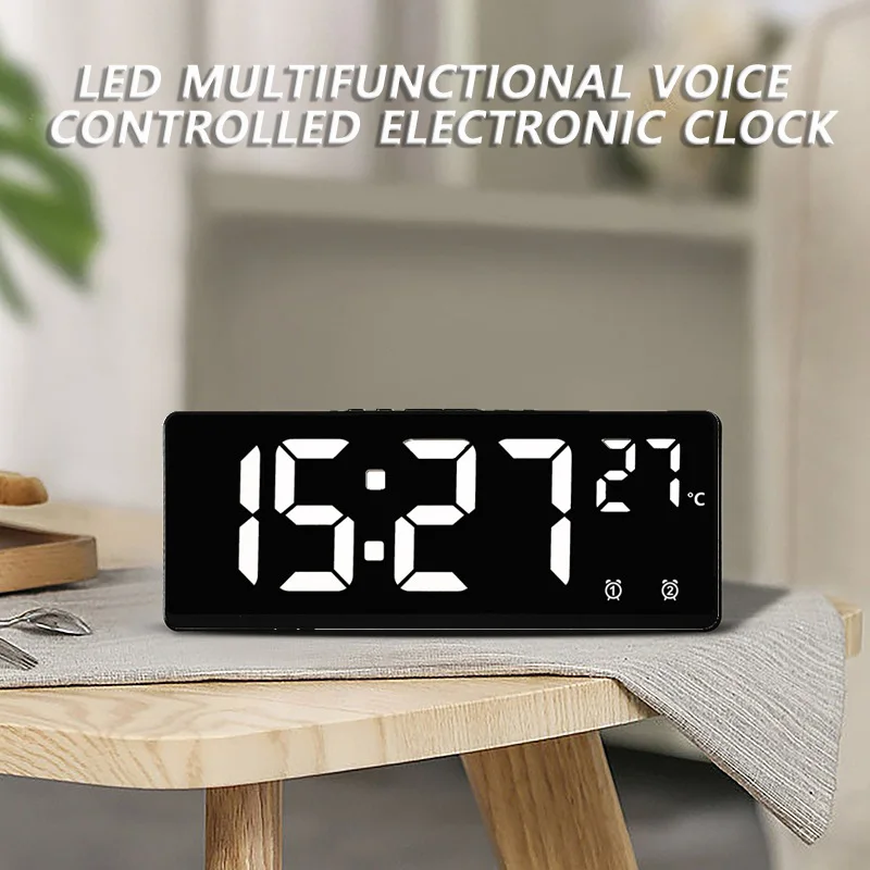 Voice Control Digital Alarm Clock Temperature Dual Alarm Snooze Desktop Table Clock Night Mode 12/24H LED Clock Watch Desk Clock