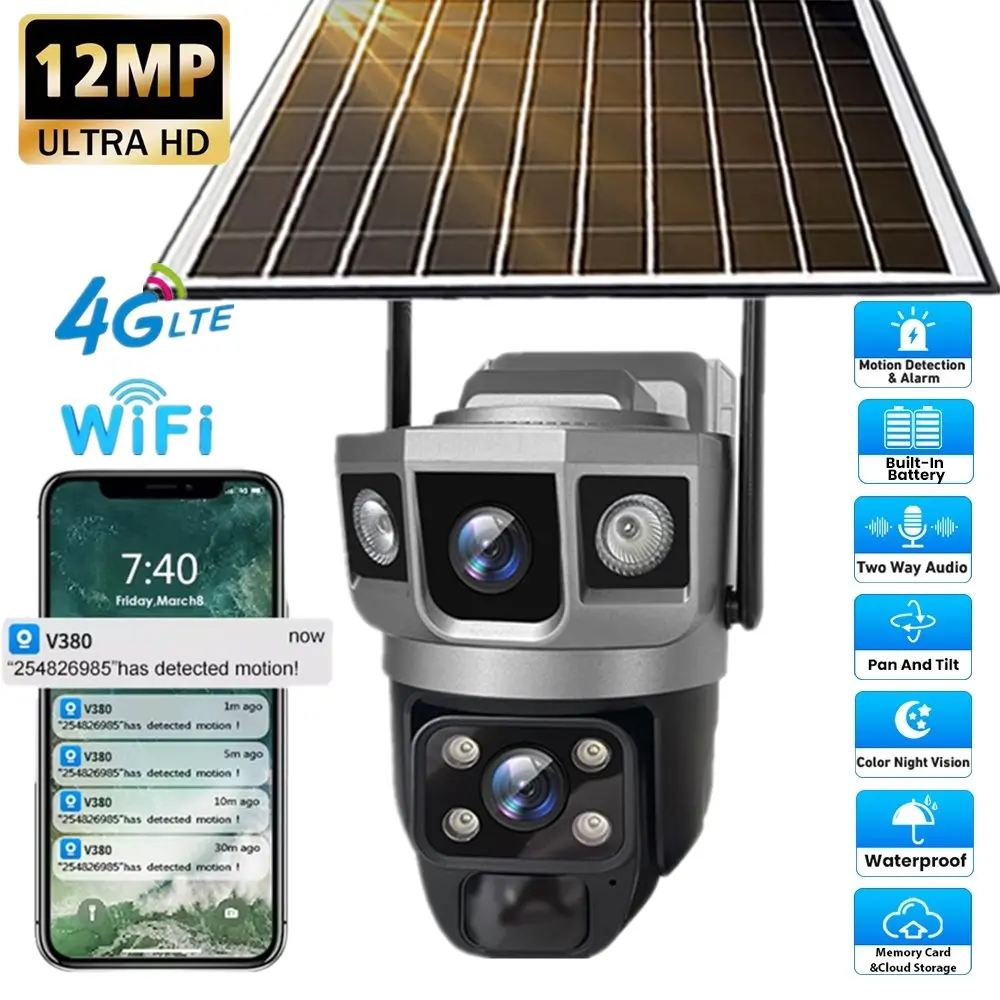 4G Solar IP Camera Dual Lens Wifi Outdoor Built-in Battery PTZ Cameras 12MP 10X Zoom Video Security System Surveillance Camera