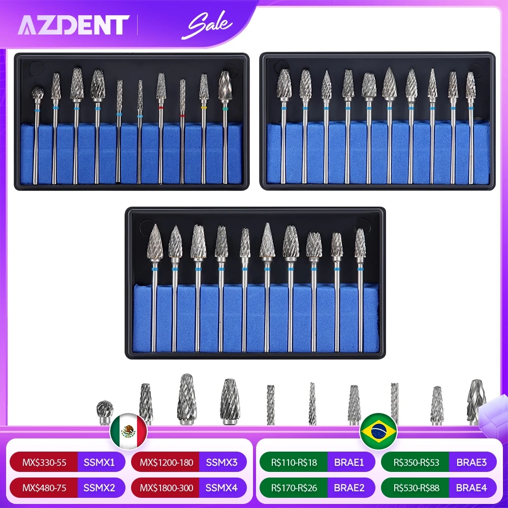 

10 Pcs/Box AZDENT Dental HP Cutter Kit Carbide Burs Drills 2.35mm Autoclavable for Grind Polishing Finishing