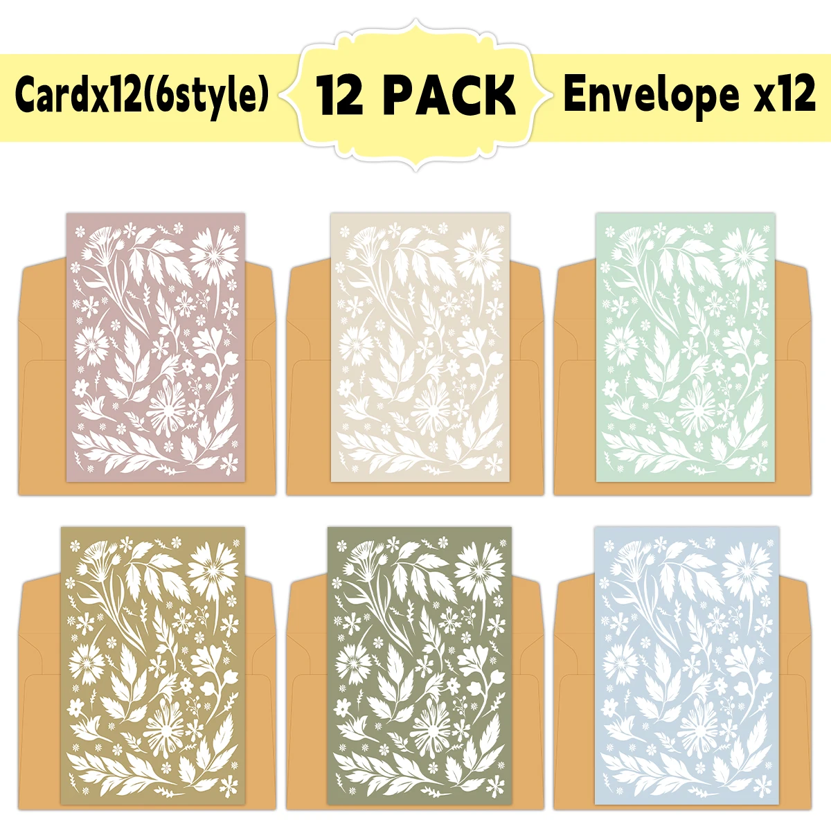 12 Stück einfache Scrapbook-Grußkarten mit Blumenmuster und Umschlägen für Hochzeiten, Valentinstag, Geburtstag, Feiertagsfeier
