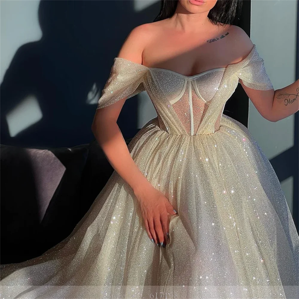 Robe de Bal Plissée en Tulle pour Femme, Col Bateau, à Paillettes Brillantes, Bouffante, de Soirée