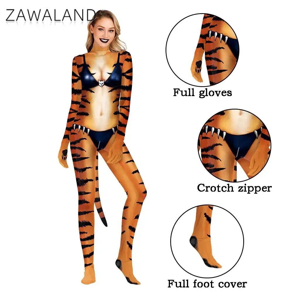 Zawaland Woman Dog Petsuits Leopard Husky Tiger Printed Full Bodysuits Carnival Disguise Clothes Crotch Zipper Costume with Tail