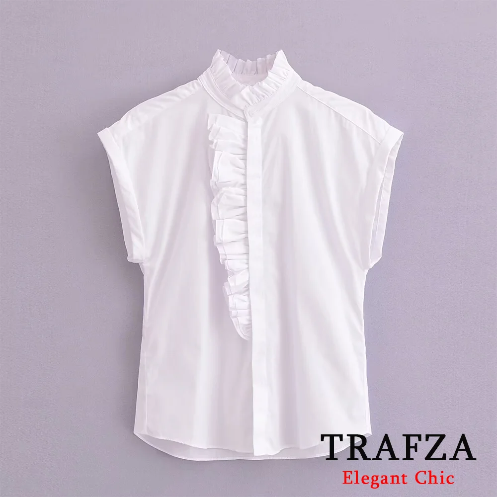 

TRAFZA Vintage White Women Shirt Fashion 2024 Summer Laminated Flying Sleeve Shirts Office Lady Blouses Casual Chic Elegant Tops