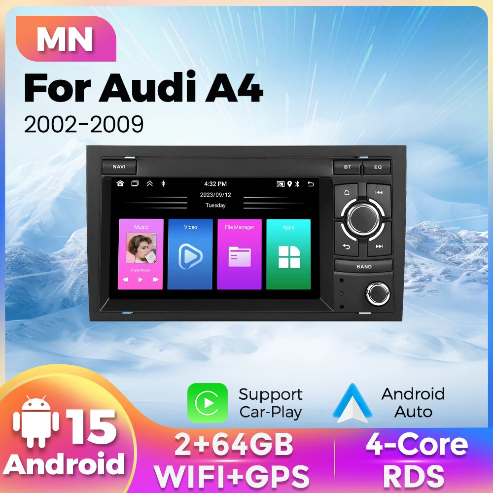7Inch Android 15 Car Radio Stereo For Audi A4 2002-2009 Single-Sided Button Wireless Carplay Multimedia Player GPS Navigation BT
