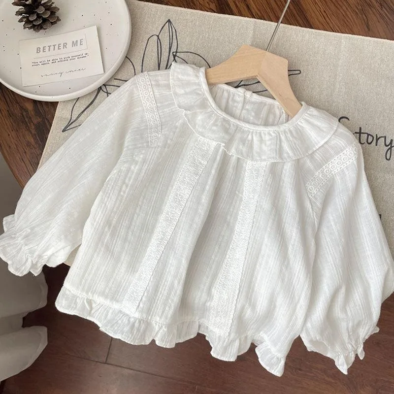 Spring and Autumn Girls' Shirt Baby Foreign Children's Korean Jacquard White Lotus Leaf Collar Pullover