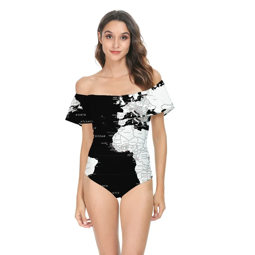 

One Word Collar One-Piece Swimsuit 3D Map Printing 2022 Summer New Women's Swimsuits Womens Clothing Fashion Hawaii Beach Wear