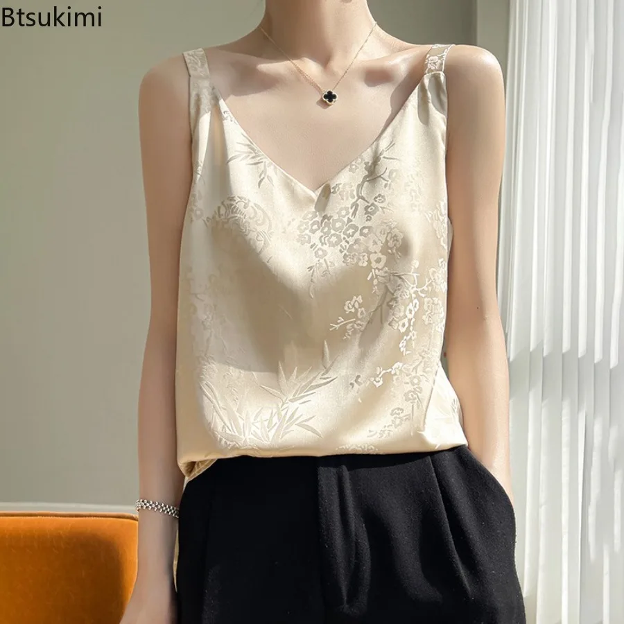 

2025 Fashionable Silk Satin Women's Tank Top Summer New Chinese Style Jacquard Strap Vest Silk Smooth Texture Suit Inner Wear