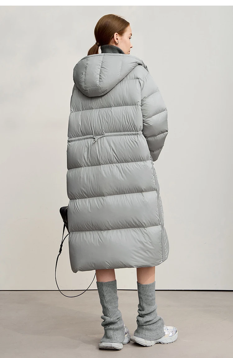AMII Hooded Down Jacket 2026 Winter New Warm Zipper Long Sleeve 85% White Duck Down Coat Woman Loose Straight Long Coat 12524017