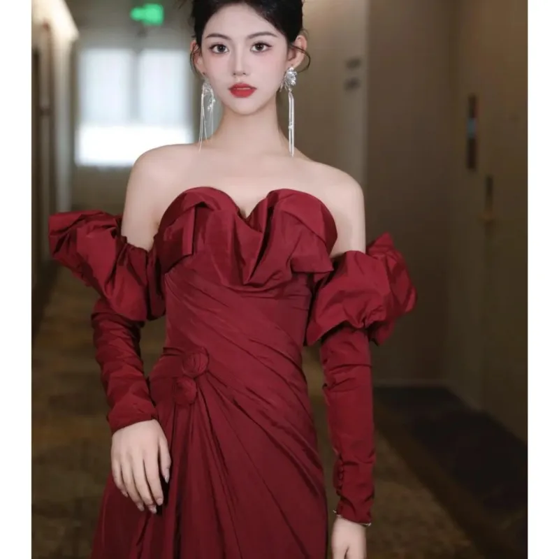 

shoulder toasting dress new long-sleeved wine red party casual