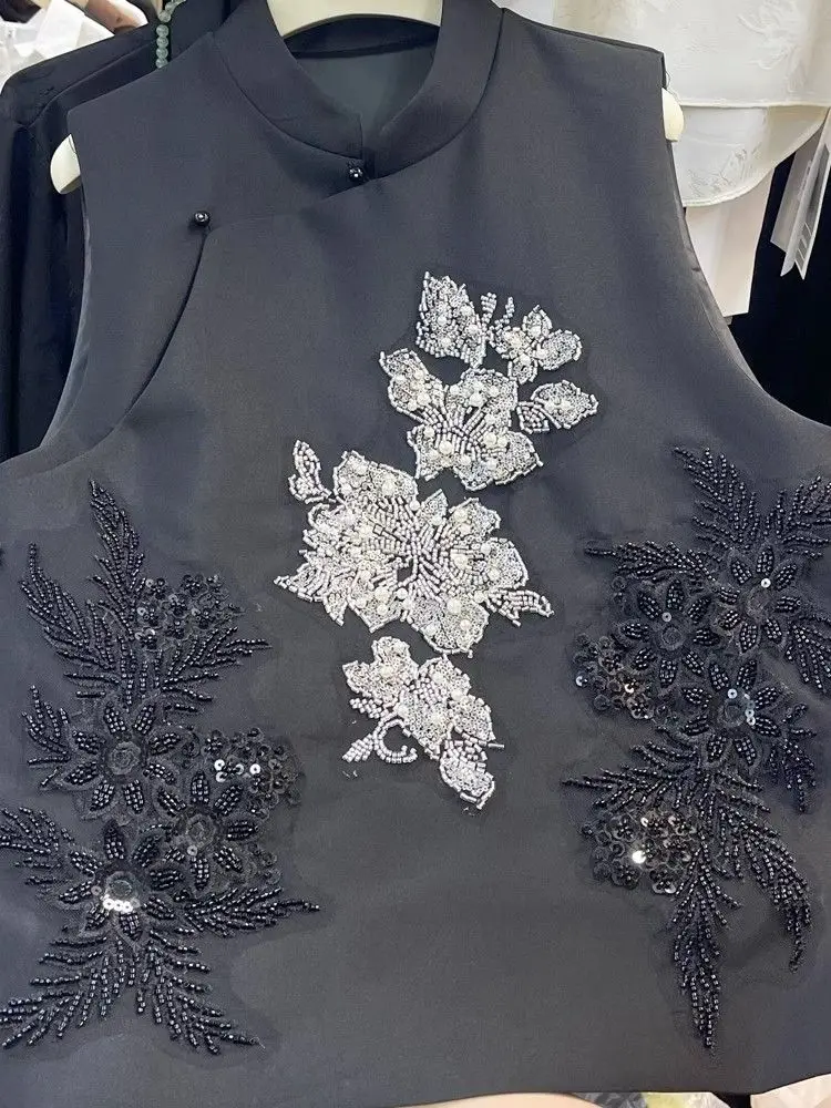 Bloemen geborduurd zwart vest dames retro Chinese vintage etnische stijl mouwloze tops oversized