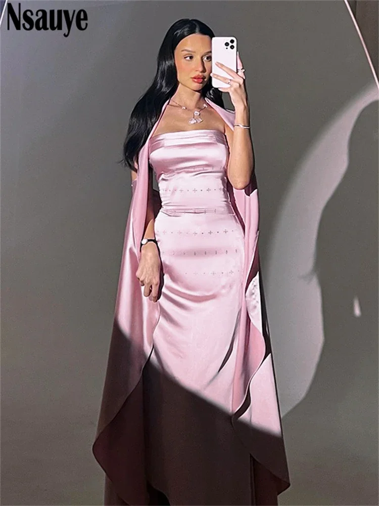 Nsauye New Fashion Chic Elegant Women Night Club Sexy Off Shoulder Satin Red Long Wrap Party Dress Strapless Maxi Dress 2024