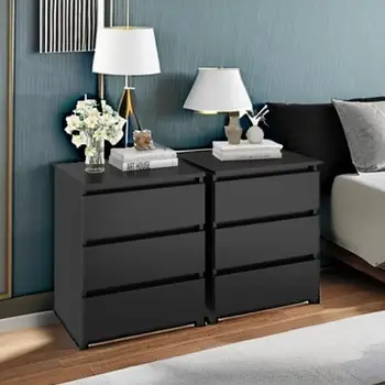 Juego de mesita de noche de 2 piezas, mesita de noche negra con 3 cajones, mesita de noche negra para dormitorio con tirador recortado, mesita de noche lateral para sofá 10 best sales Juego de 2 mesitas de noche - №2