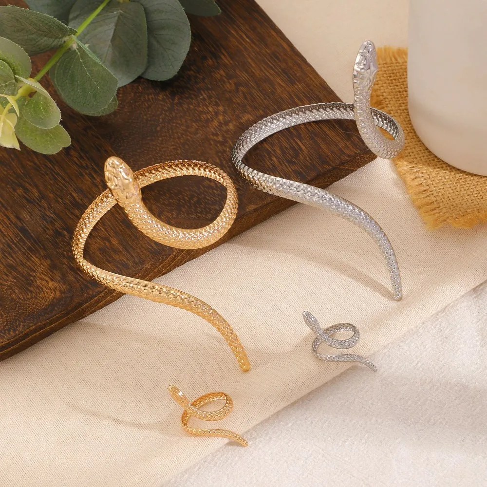 خمر الذهبي الأفعى على شكل أساور خواتم مجموعة للنساء الرجال الشرير الملمس المعدني افتتاح قابل للتعديل سوار هدايا مجوهرات الحفلات