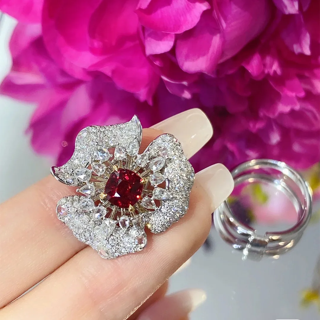 2022 New Bright Red Zircon Floral Wide Face Rings Women's Wedding Engagement Jewelry Resizable Anniversary Gifts X1278