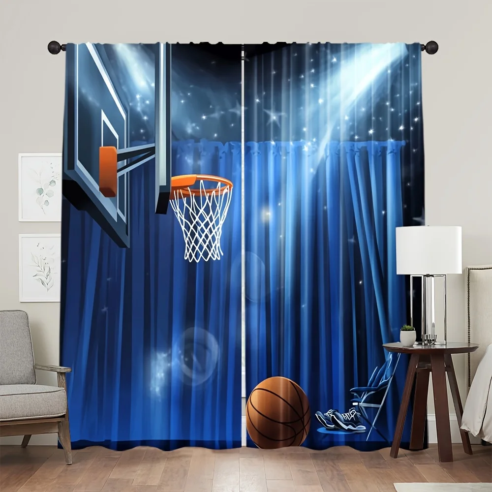 Basketball Hoop and Ball Curtains Indoor Court Sports Theme Window Drapes Athletic Style for Boys Bedroom Game Room