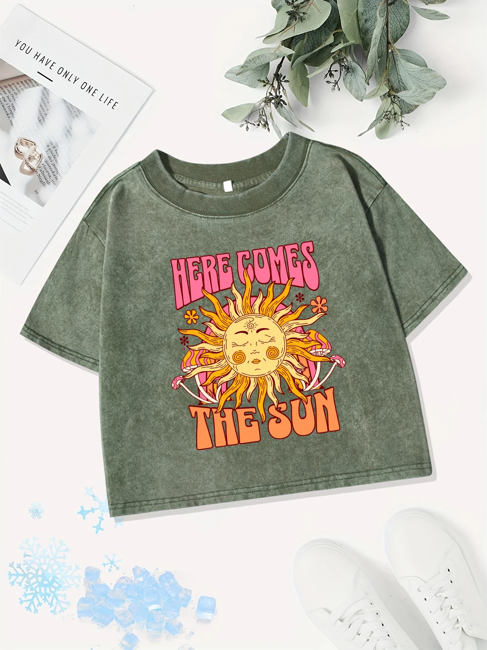 

Summer Cotton Crop Tops Womens Here Comes The Sun Printing Washed T-Shirts Casual Regular Fit O-Neck Streetwear Street Clothes