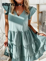 Eleganckie V Neck Ruffles Polka Dot Mini sukienka Sexy kobiety bez rękawów czeski plaża linia Sundress Casual Chic stroje lato 2022