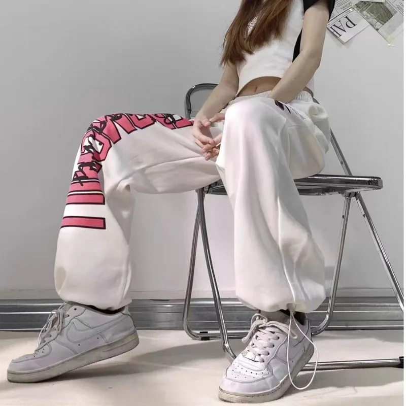 Hip-Hop-Streetwear-Hose für Damen mit USA-Herz-Buchstaben-Print, sommerliches, trendiges Design, Vintage-Stil, hohe Taille, weites Bein, lässige Hose zum Tanzen – Detail 6