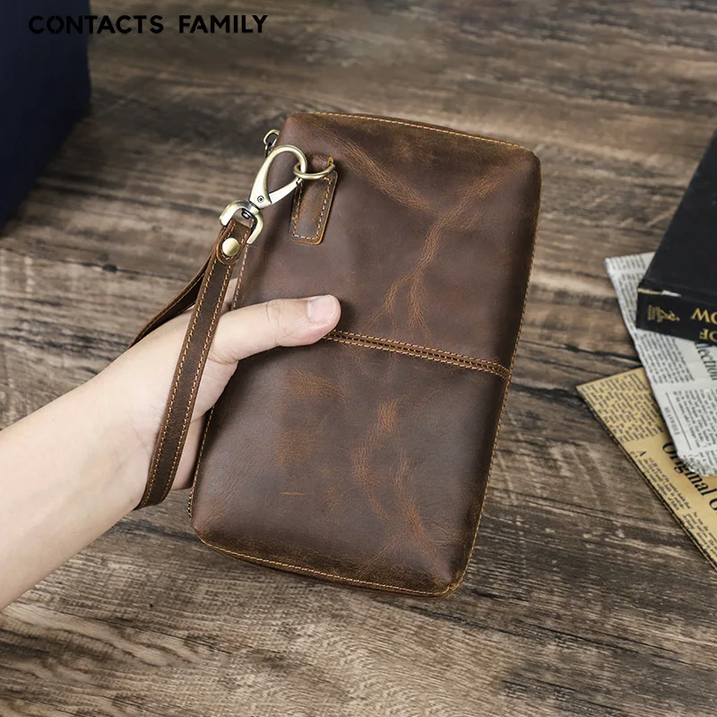 Crazy Horse Leather large-screen mobile phone storage, portable zipper, large-capacity wallet, multi-functional business clutch