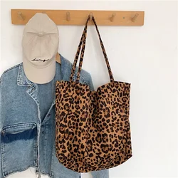 Sacola de veludo estampa leopardo para mulheres, bolsa de ombro casual, grande capacidade, bolsas femininas, sacolas de compras, 2023