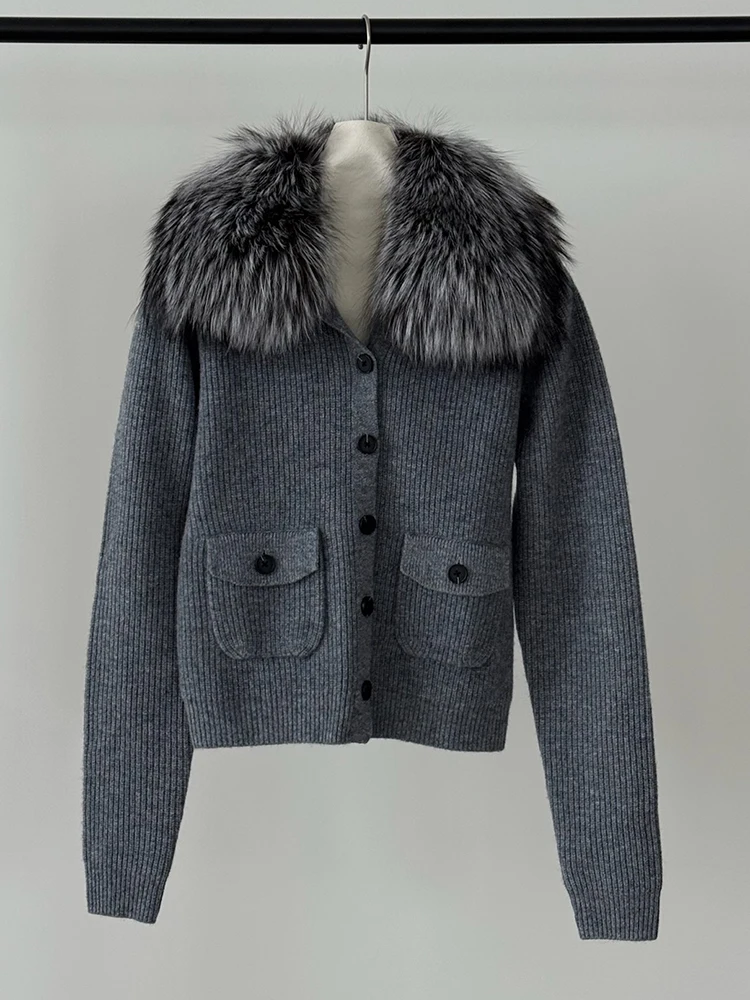 Real fox fur collar knitted coat, 2026 autumn-winter new style, detachable fur collar long-sleeved women's coat
