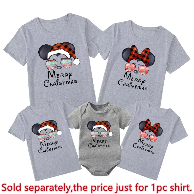 Disney Christmas Shirts Funny Santa Hat Mickey Minnie Mouse Print Family Matching Outfits Cotton Dad Mom Kids Tees Baby Rompers