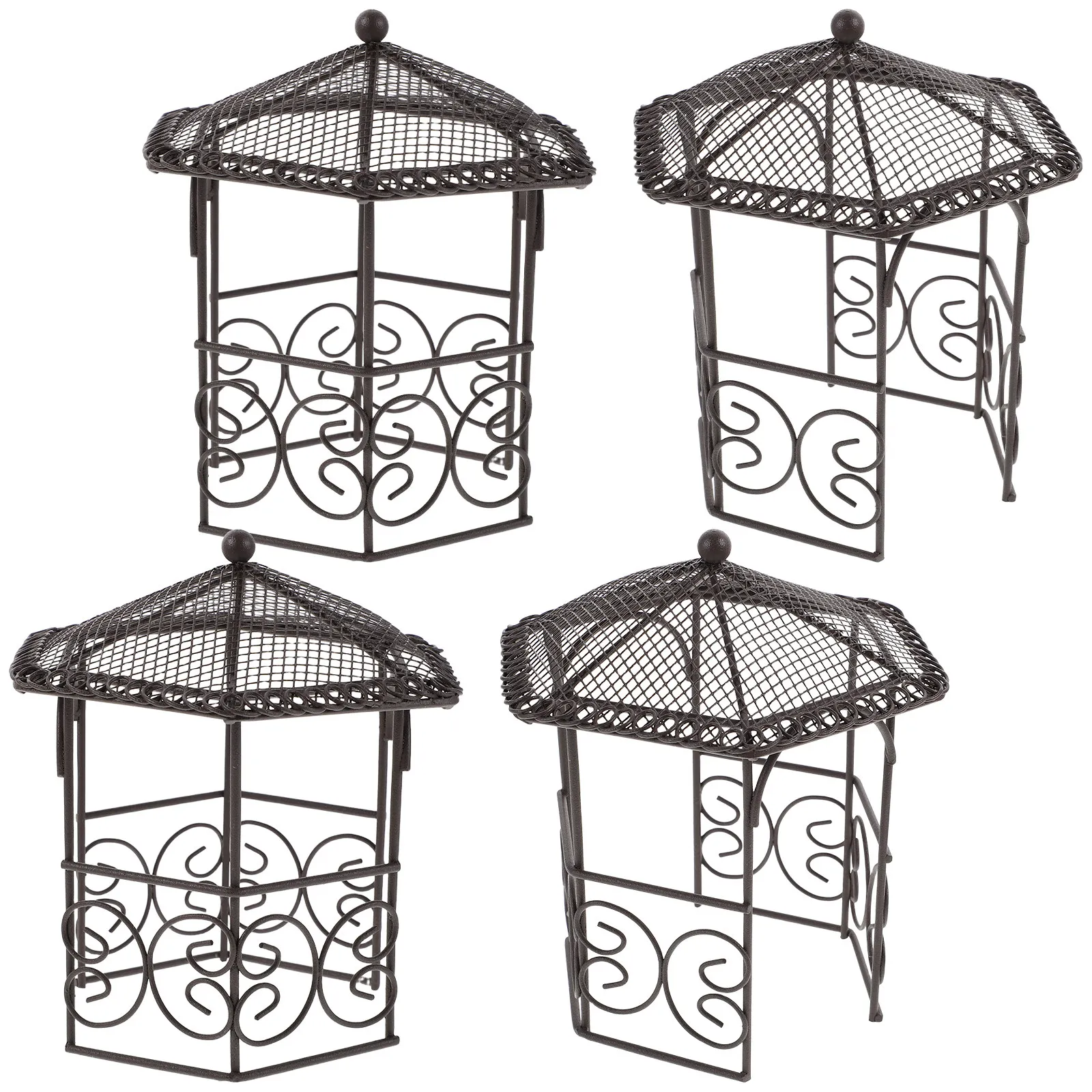 4pcs Mini House Desk Decor – Iron Pavilion Miniature Office Aesthetic Landscape Set