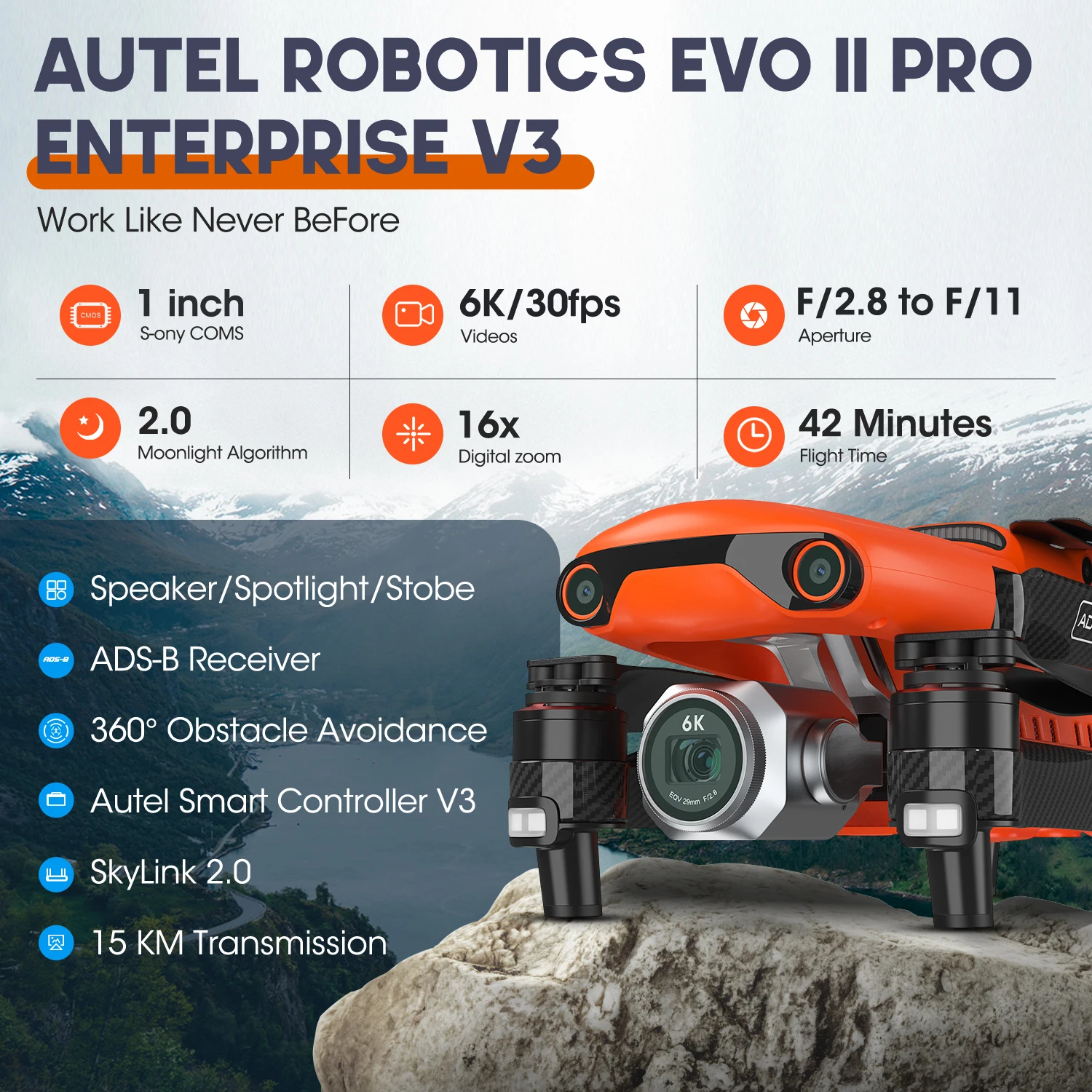 2025 Autel Robotics EVO II Enterprise V3 15KM Transmission 6K/30fps Video Camera Drone Includes 3 external on-board accessories