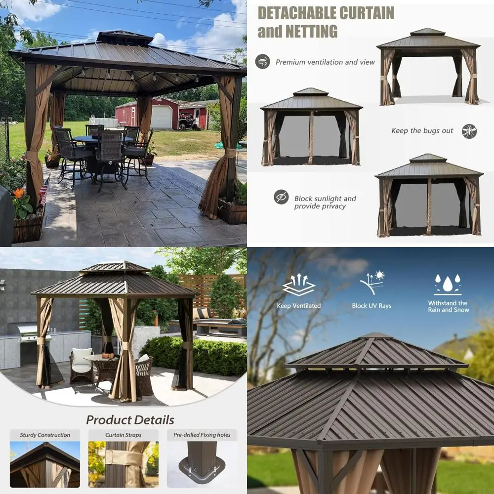 

domi 10'x10' hardtop gazebo canopy,outdoor metal gazebo with galvanized steel double roof,curtain and netting,permanent gazebos