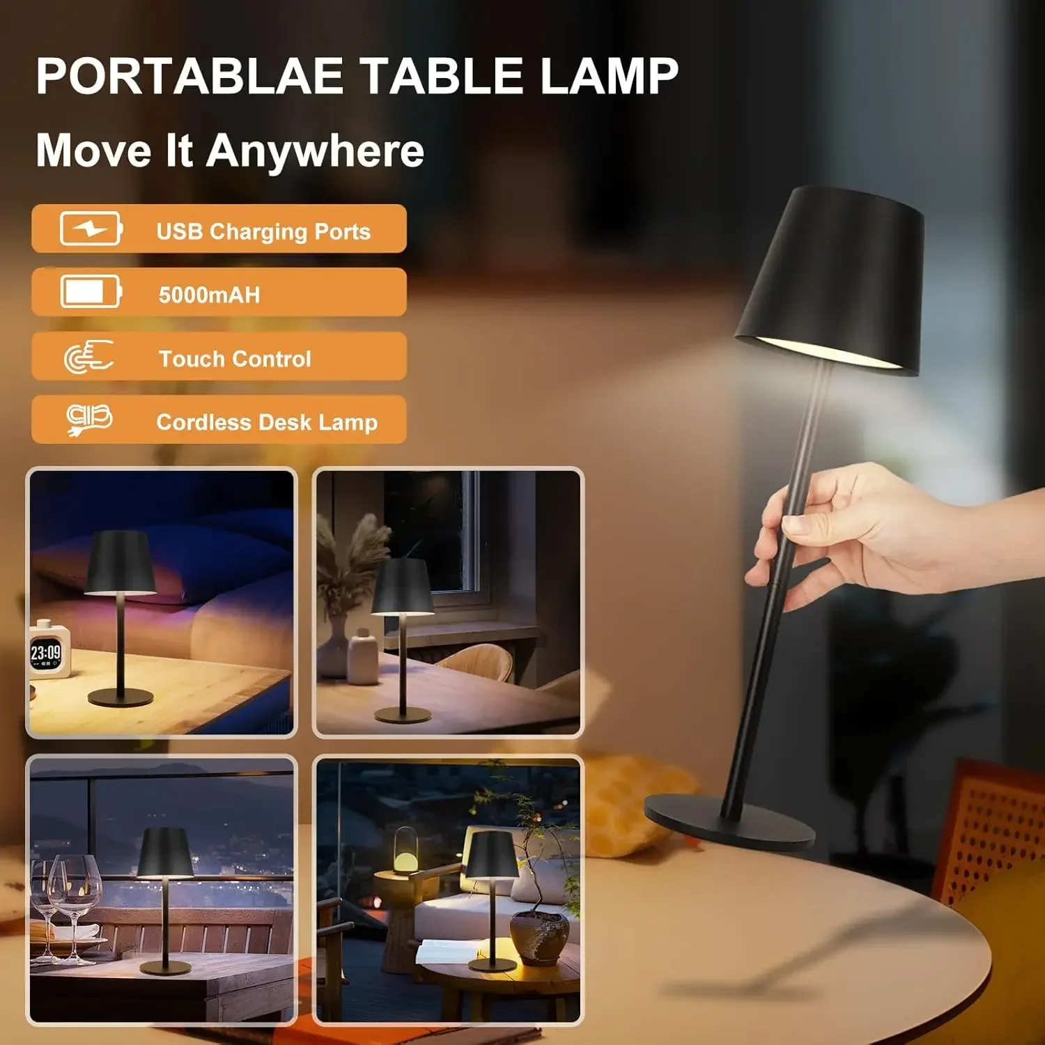 Cordless Table Lamps Rechargeable, USB Rechargeable Simplicity Desk Lamp with Touch Control Night light Lamp for Bedroom, Desk