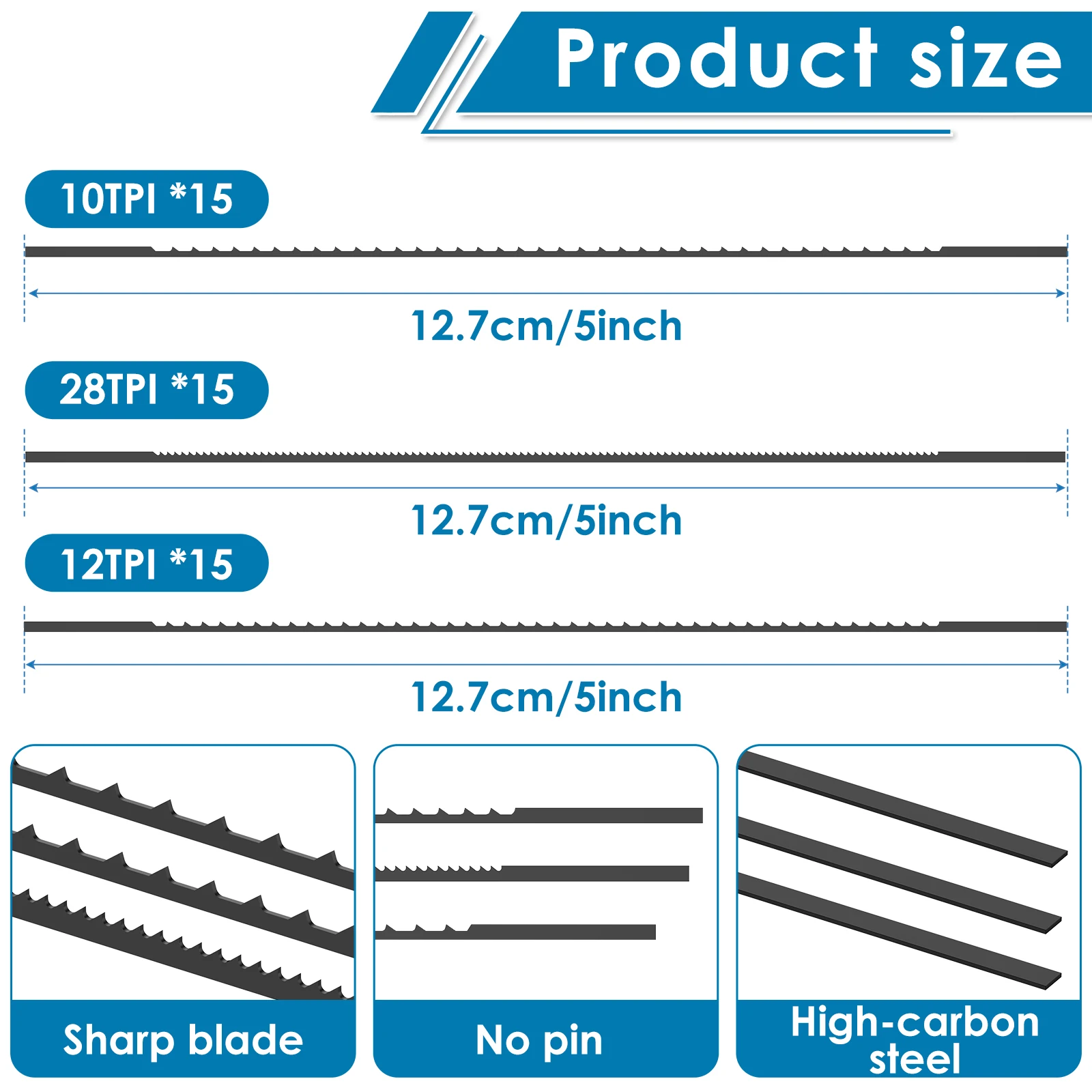 45Pcs Plain End Scroll Saw Blade Set 5inch High Carbon Steel Scroll Saw Blades Assortment 10TPI 12TPI 28TPI Durable Wood Cutting