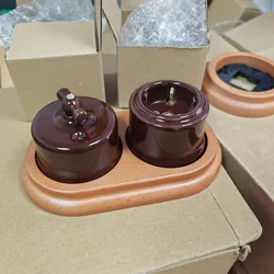 Wall Light Ceramic Rotary Switch Retro Wall Surface Installation Knob Switch EU Socket Brown Beige